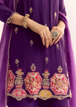 Purple Zardosi Work Dola Silk Kurta With Organza Dupatta