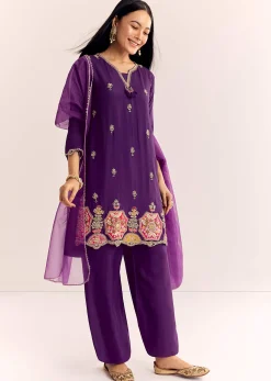 Purple Zardosi Work Dola Silk Kurta With Organza Dupatta