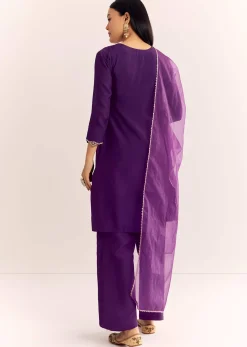 Purple Zardosi Work Dola Silk Kurta With Organza Dupatta