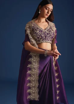 Purple Zardozi Work Jacket With Crop Top And Skirt