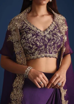Purple Zardozi Work Jacket With Crop Top And Skirt