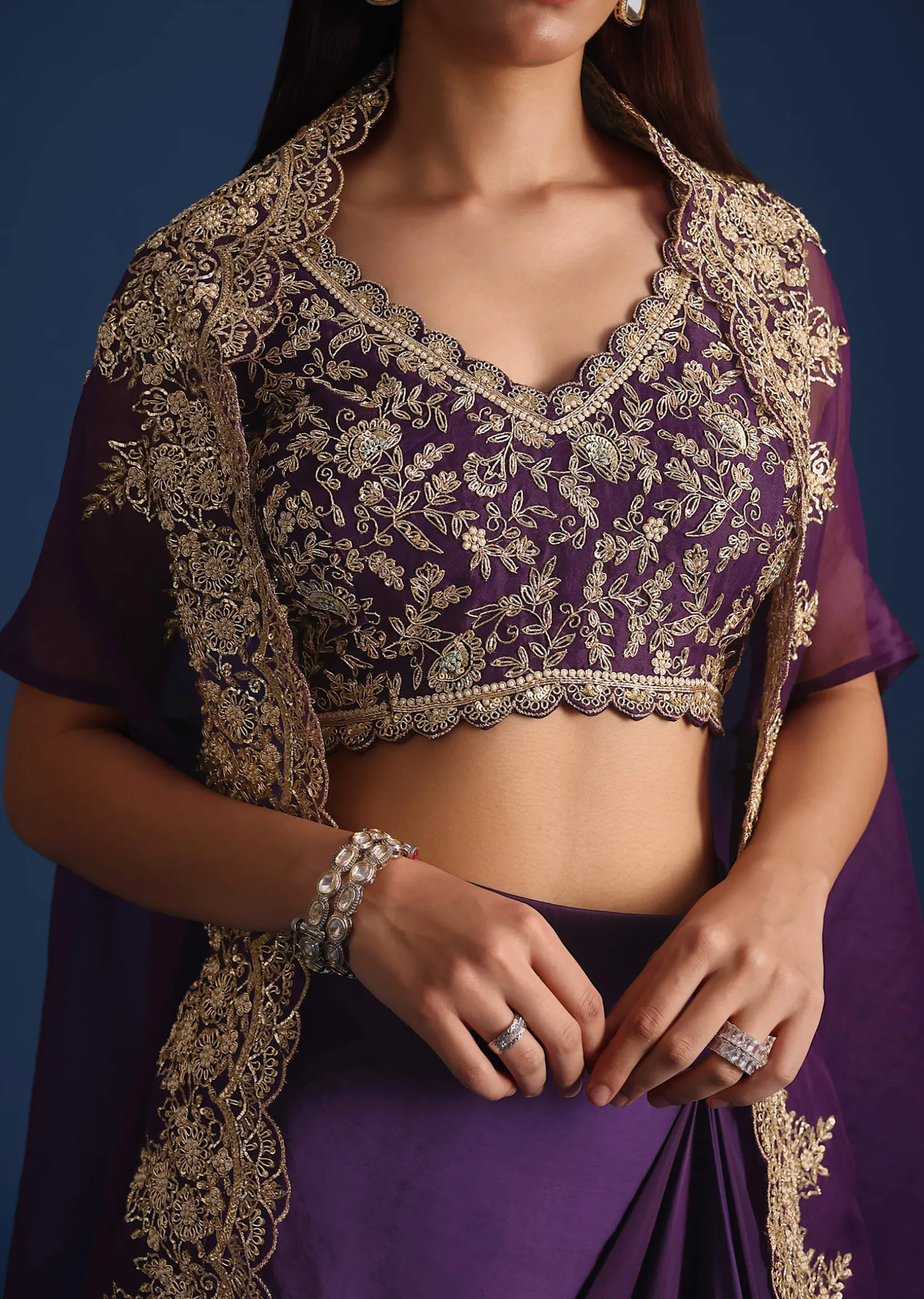 Purple Zardozi Work Jacket With Crop Top And Skirt