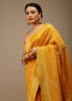 Radiant Yellow Saree In Georgette With Brocade Woven Diagonal Stripes And Floral Border