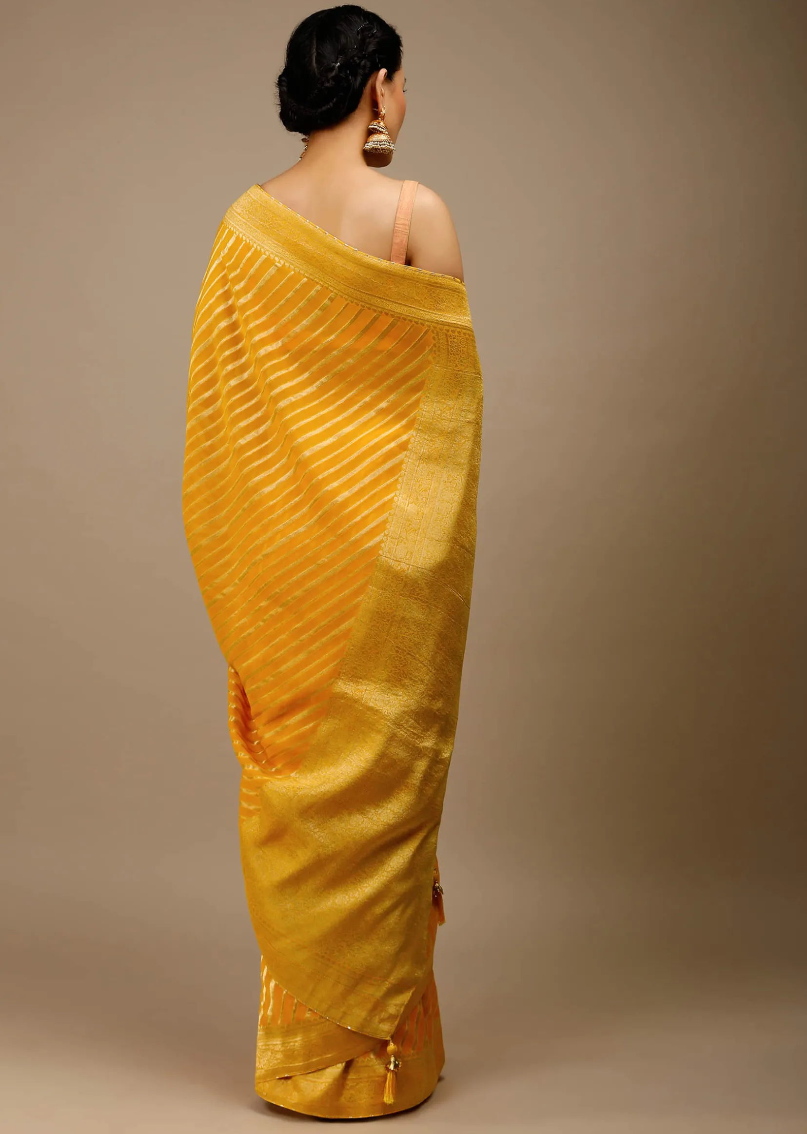 Radiant Yellow Saree In Georgette With Brocade Woven Diagonal Stripes And Floral Border