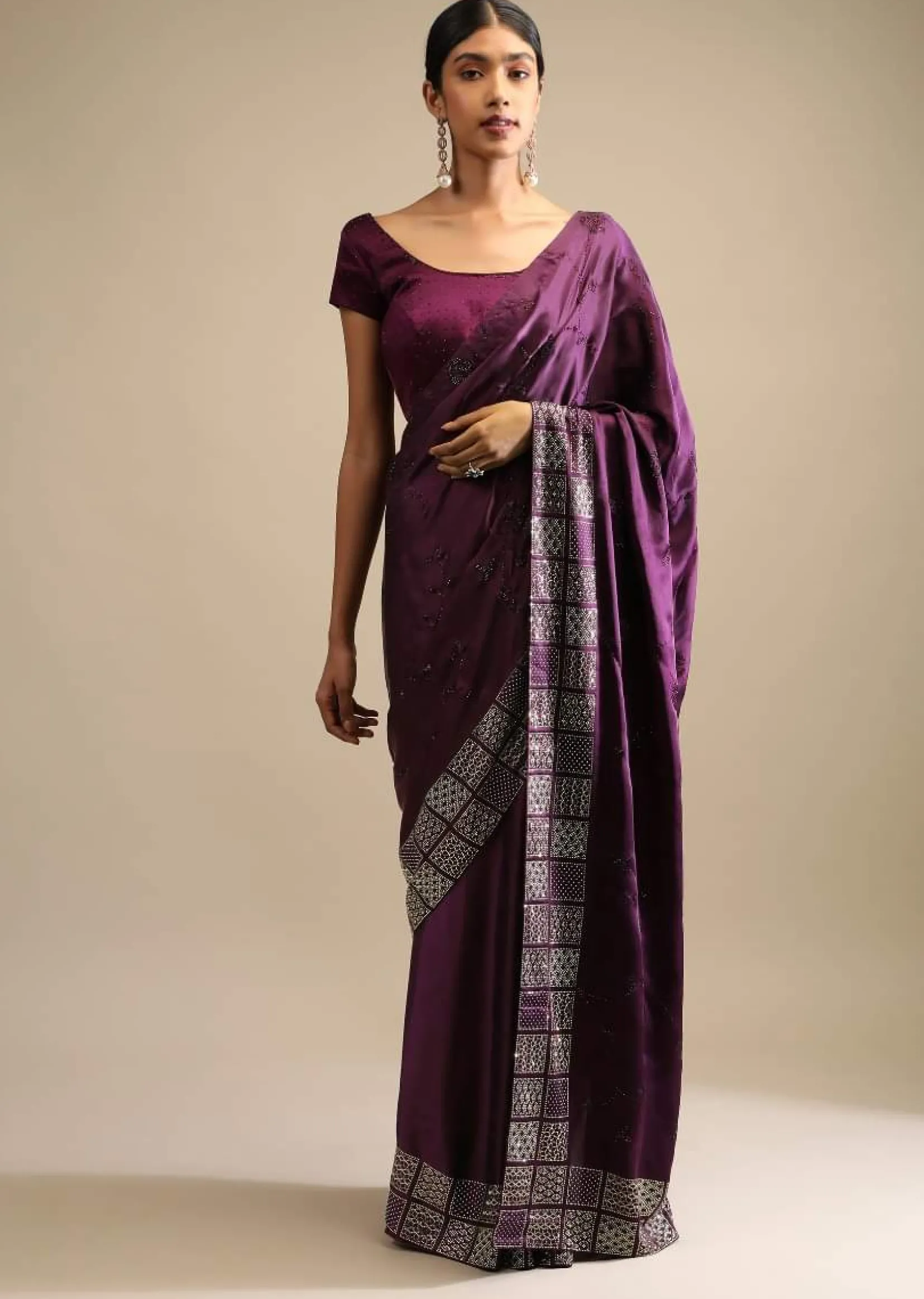 Raisin Purple Saree In Satin With Two Toned Kundan Embellished Border And Ready Stitched Blouse