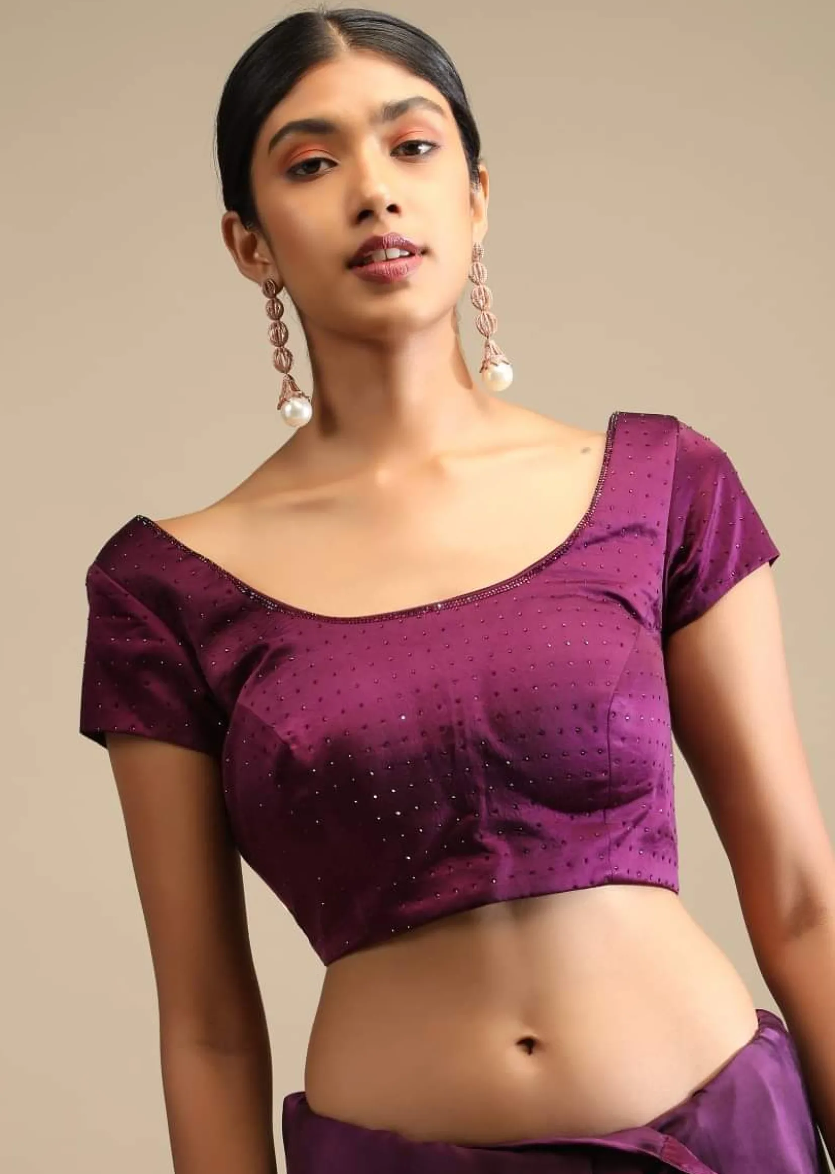 Raisin Purple Saree In Satin With Two Toned Kundan Embellished Border And Ready Stitched Blouse
