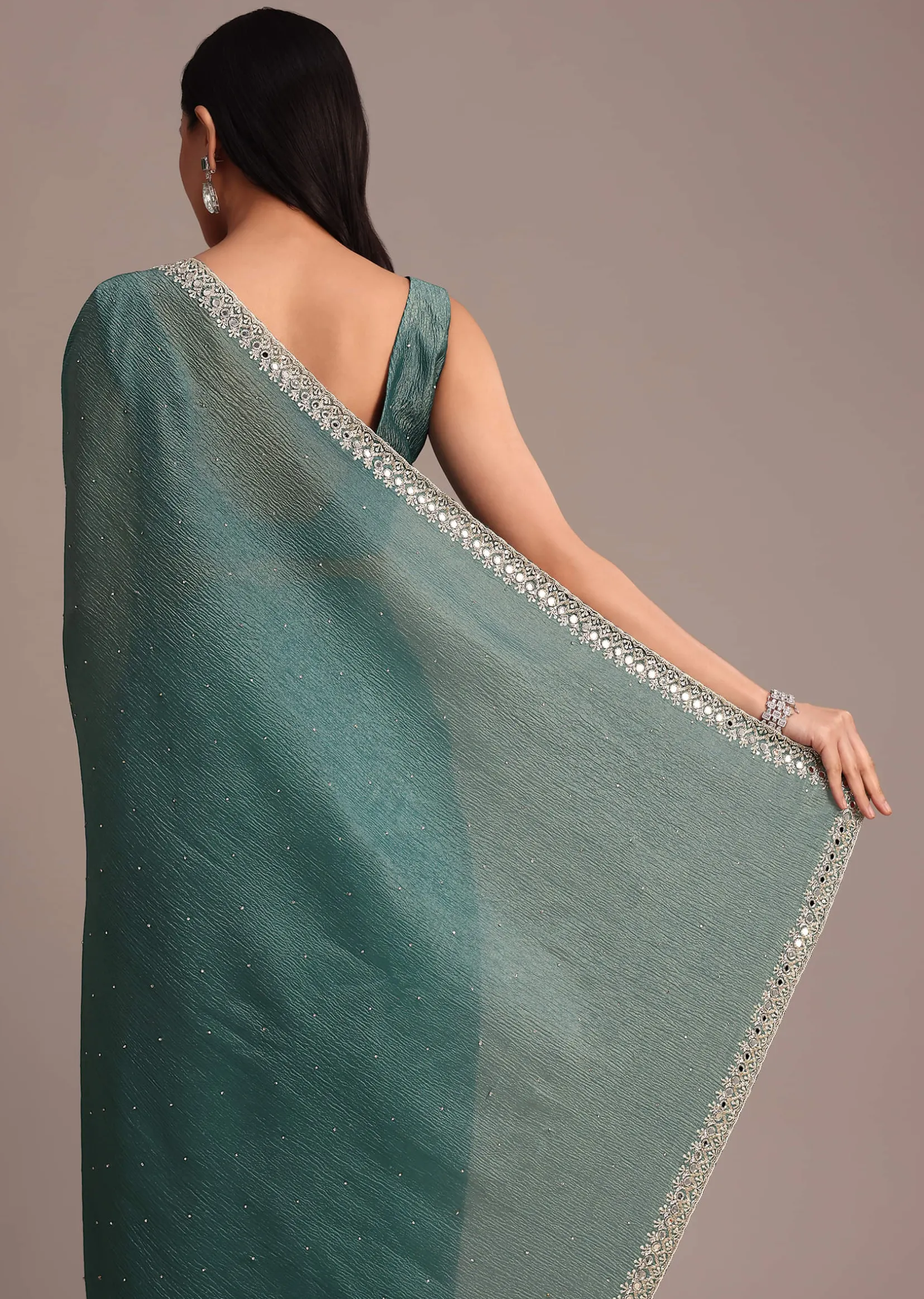 Rama Green Crushed Tissue Saree With Mirror and Cutdana Embellished Border