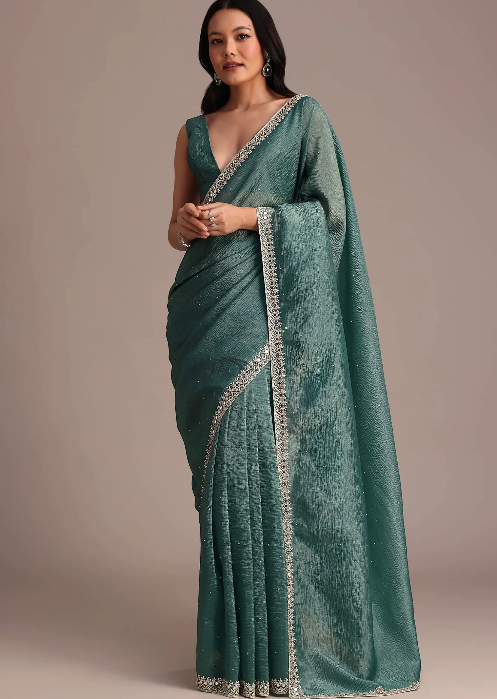 Rama Green Crushed Tissue Saree With Mirror and Cutdana Embellished Border