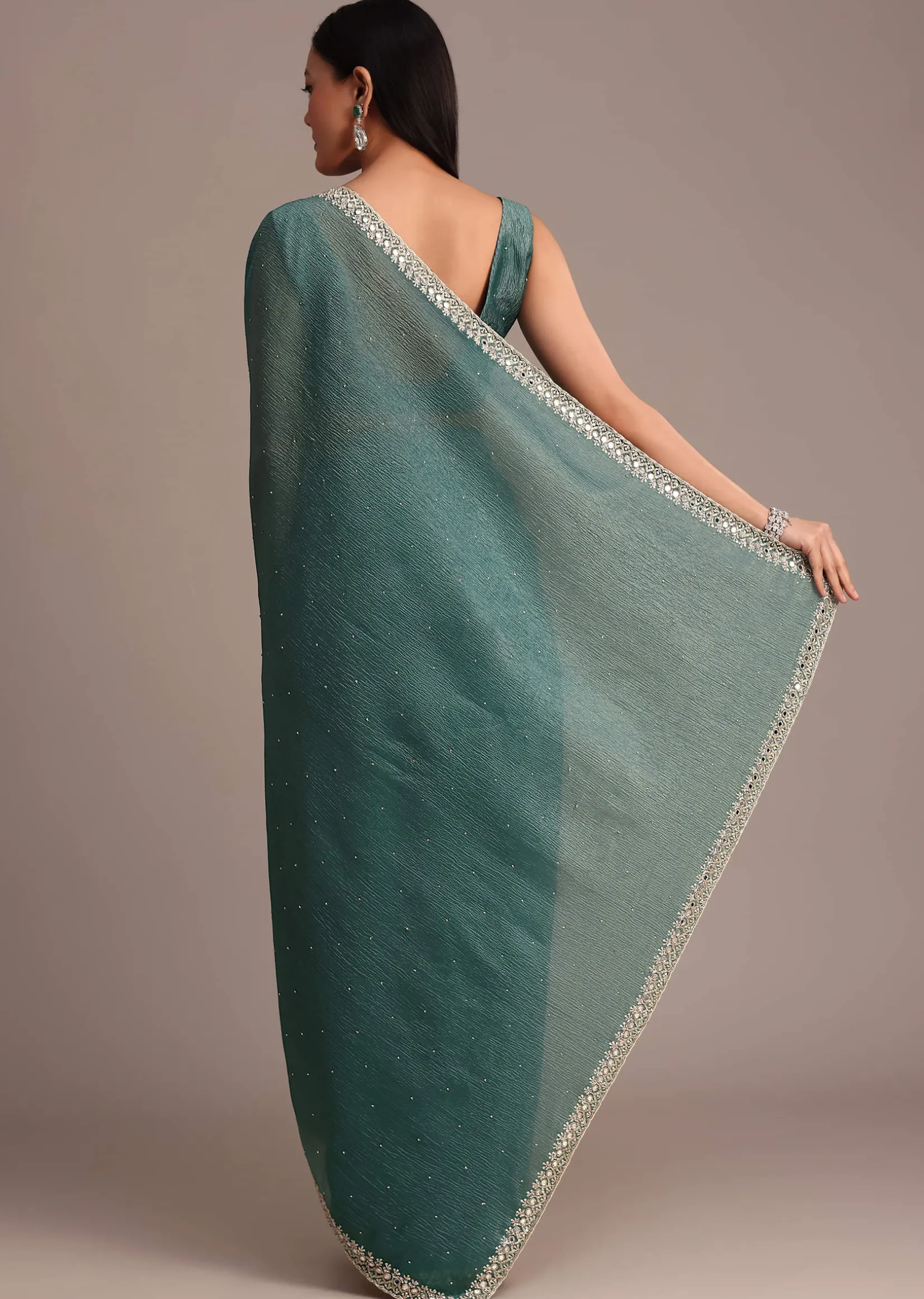 Rama Green Crushed Tissue Saree With Mirror and Cutdana Embellished Border