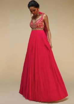 Rani Pink Anarkali Suit In Crushed Georgette With A Hand Embroidered Bodice Adorned In Multi Colored Resham And Sequins Work