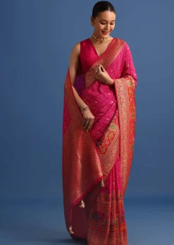 Rani Pink Banarasi Bandhani Satin Saree With Brocade Motifs On Border