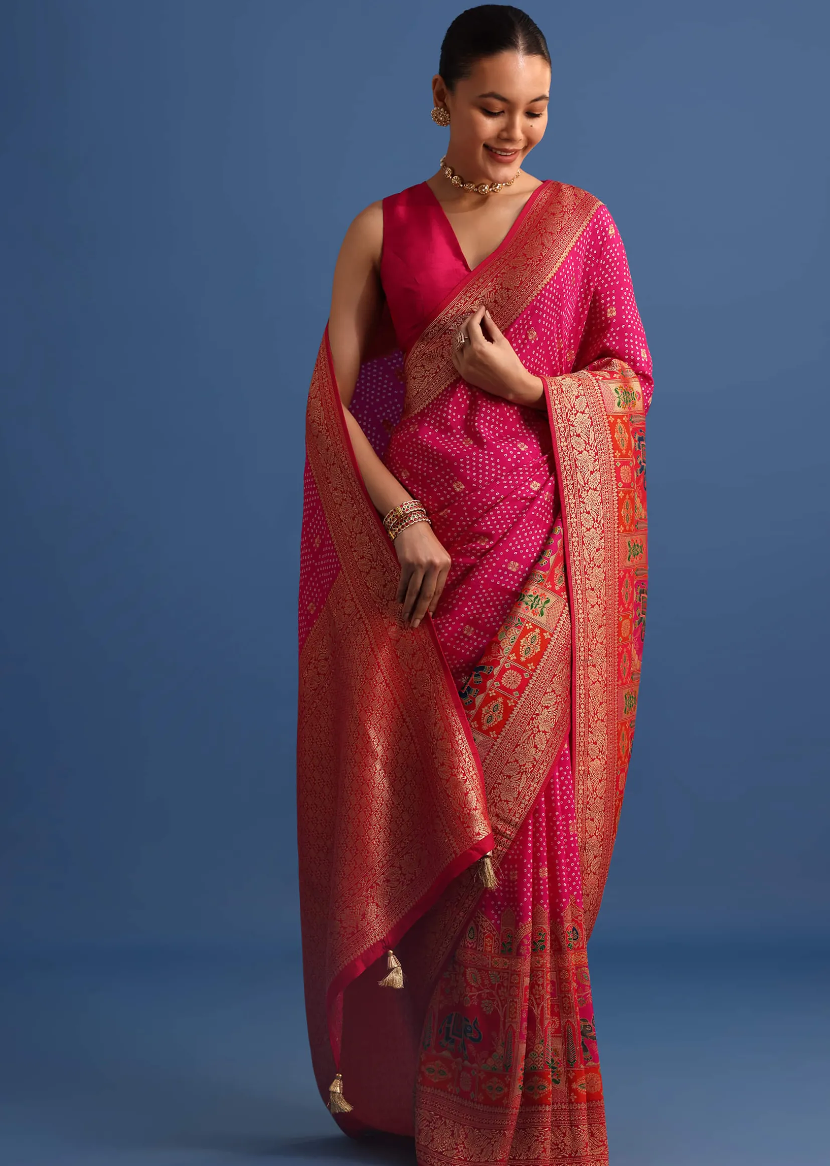 Rani Pink Banarasi Bandhani Satin Saree With Brocade Motifs On Border