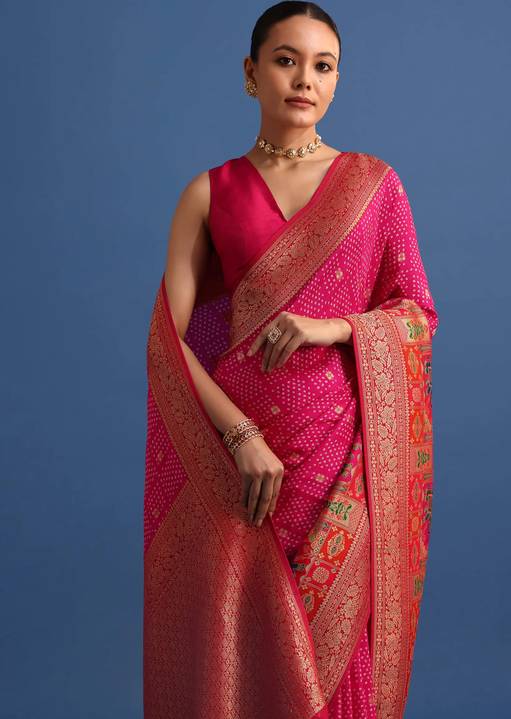 Rani Pink Banarasi Bandhani Satin Saree With Brocade Motifs On Border