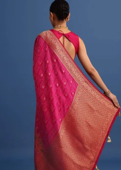 Rani Pink Banarasi Bandhani Satin Saree With Brocade Motifs On Border