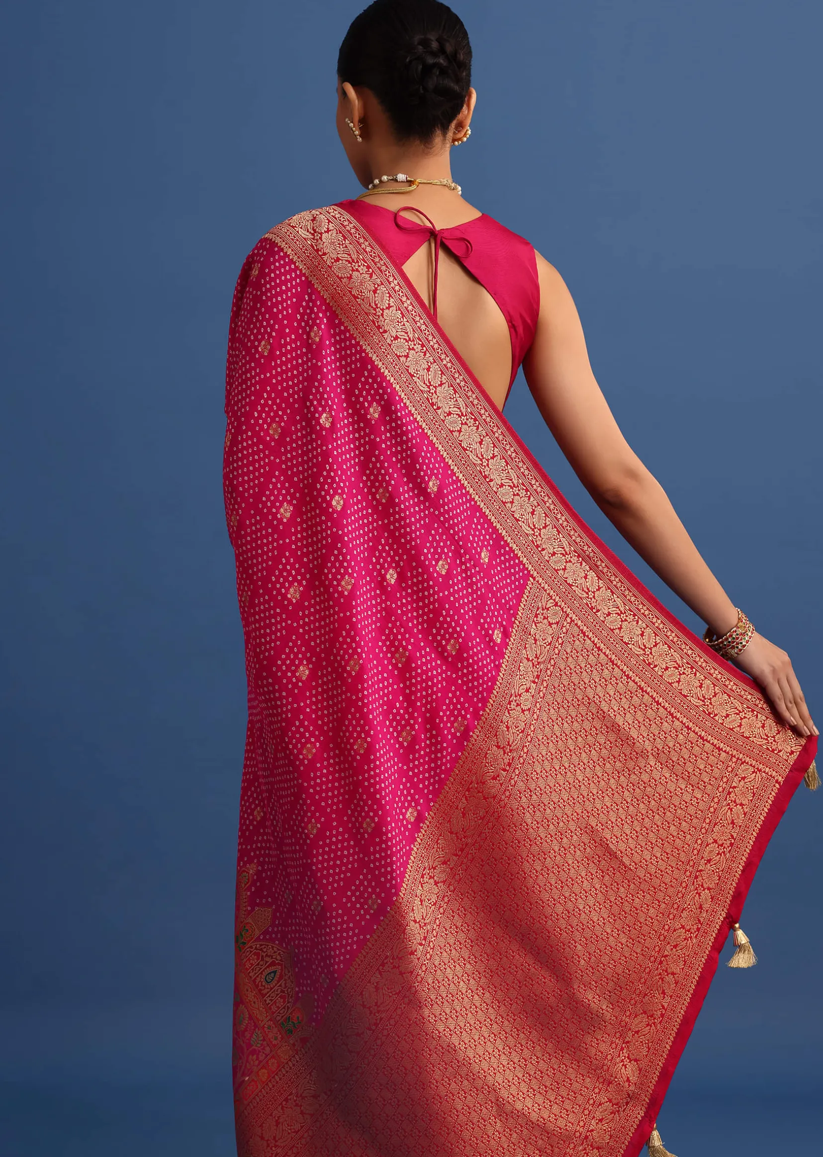 Rani Pink Banarasi Bandhani Satin Saree With Brocade Motifs On Border