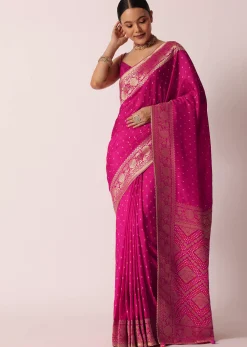 Rani Pink Banarasi Saree With Bandhani Buttis And Unstitched Blouse Piece