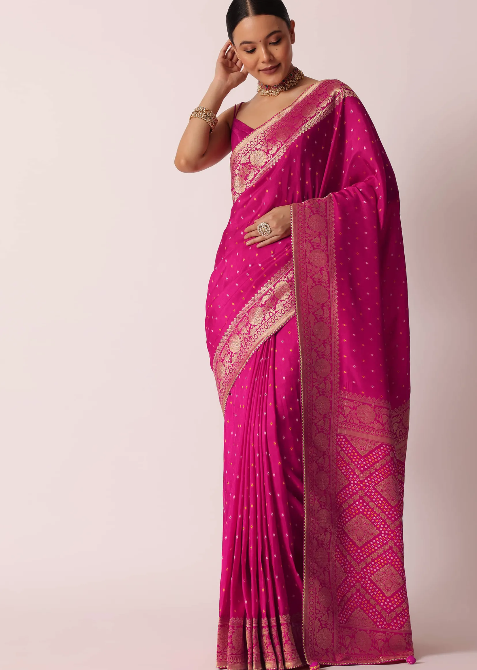 Rani Pink Banarasi Saree With Bandhani Buttis And Unstitched Blouse Piece