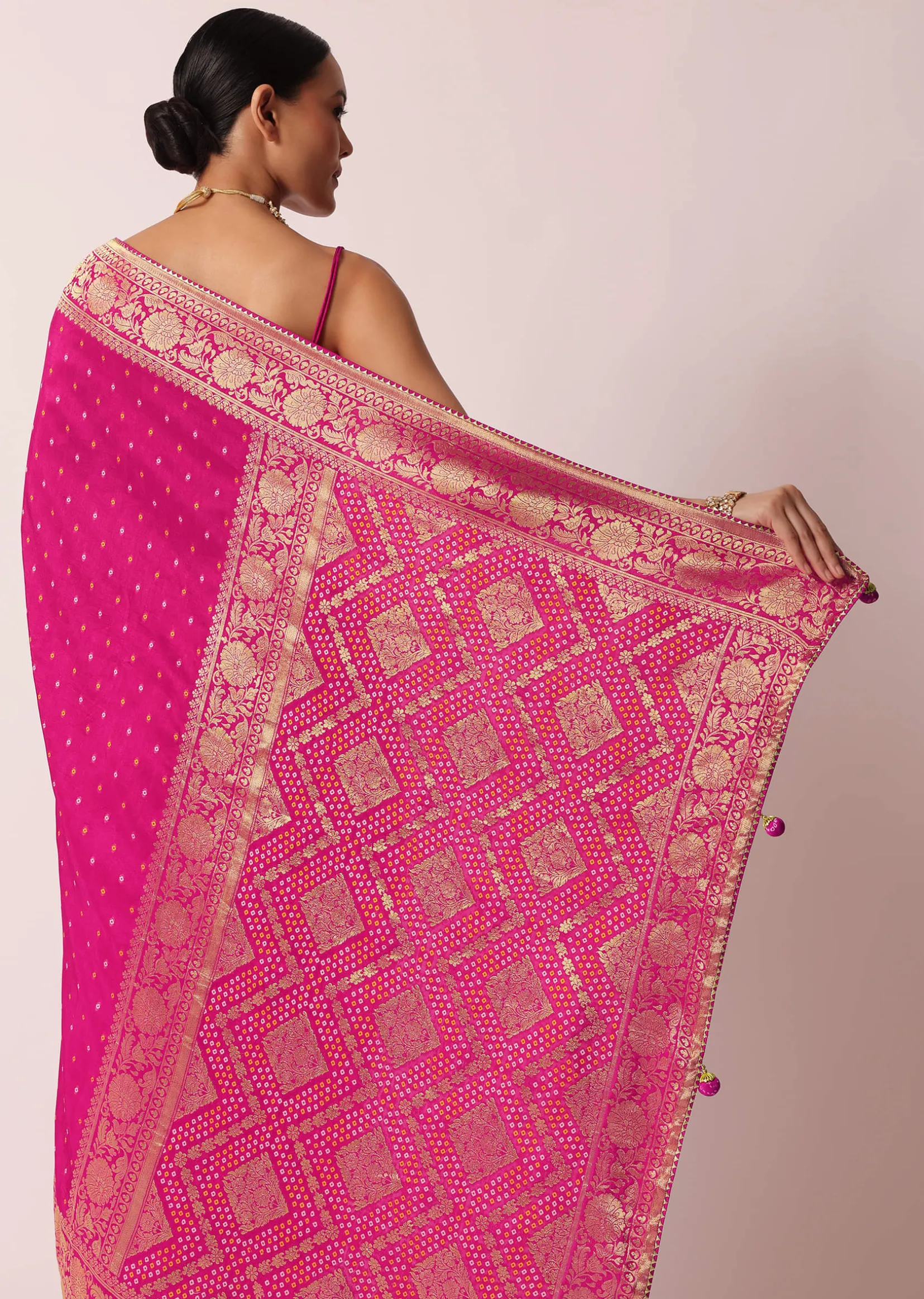 Rani Pink Banarasi Saree With Bandhani Buttis And Unstitched Blouse Piece