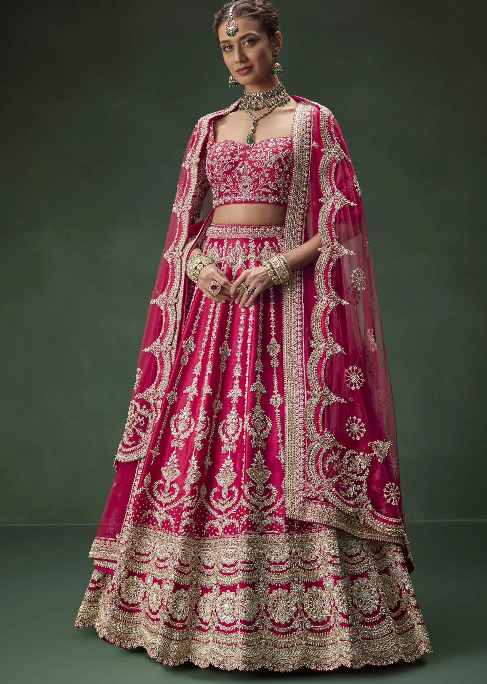 Rani Pink Bridal Lehenga With Embroidered Blouse And Heavily Worked Dupattas