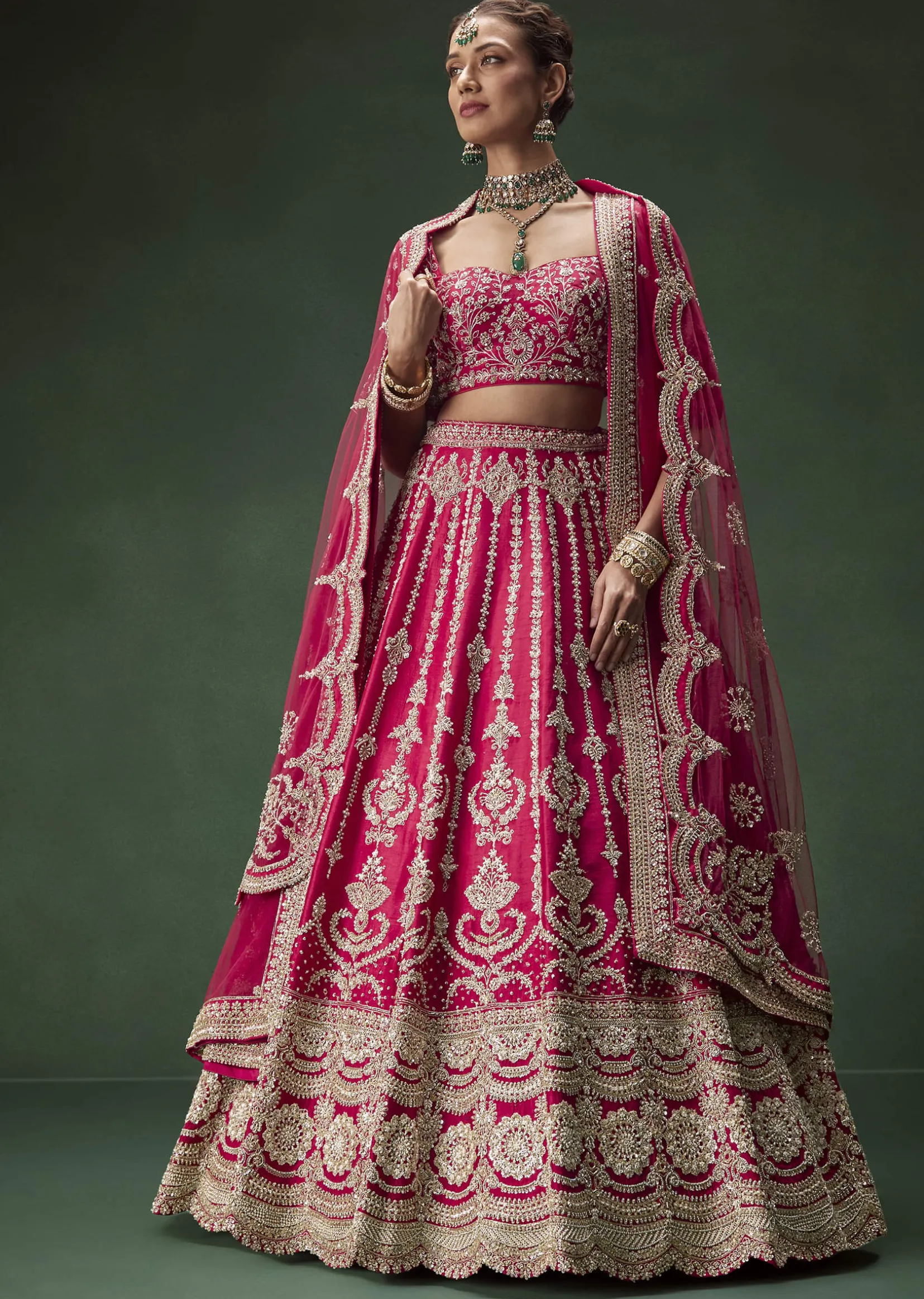 Rani Pink Bridal Lehenga With Embroidered Blouse And Heavily Worked Dupattas