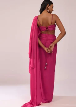 Rani Pink Crepe Drape Saree And Blouse With Crystal Detailing On the Strap