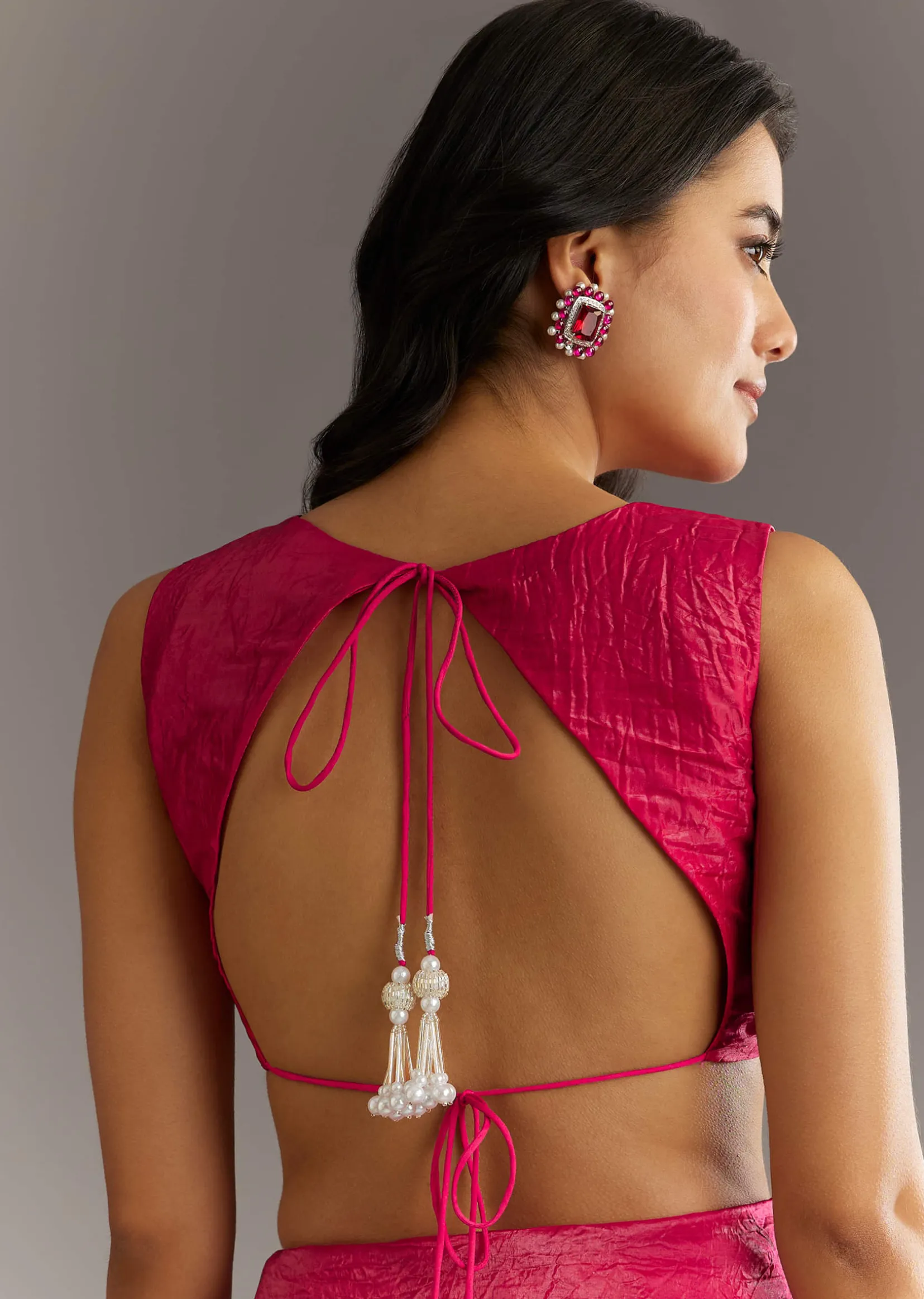 Rani Pink Crushed Tissue Saree With Cutdana And Sequin Embroidery