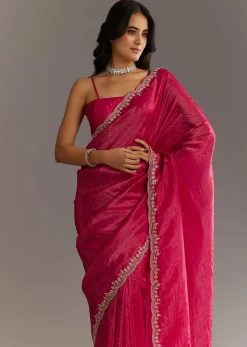 Rani Pink Crushed Tissue Saree With Stone Embellishments And Scallop Border