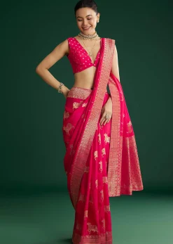 Rani Pink Dola Silk Saree With Zari Woven Border