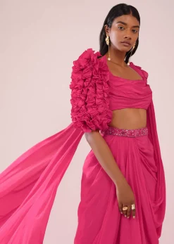 Rani Pink Drape Saree With Fancy Blouse In Crepe