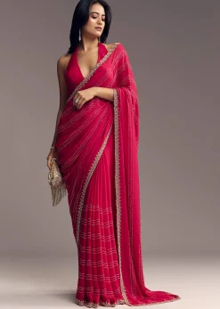 Rani Pink Embroidered Chinon Saree With Cut Dana