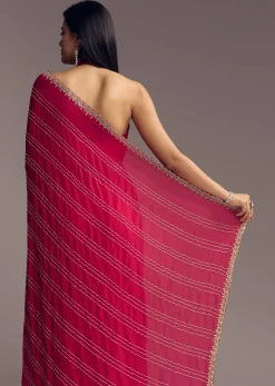 Rani Pink Embroidered Chinon Saree With Cut Dana