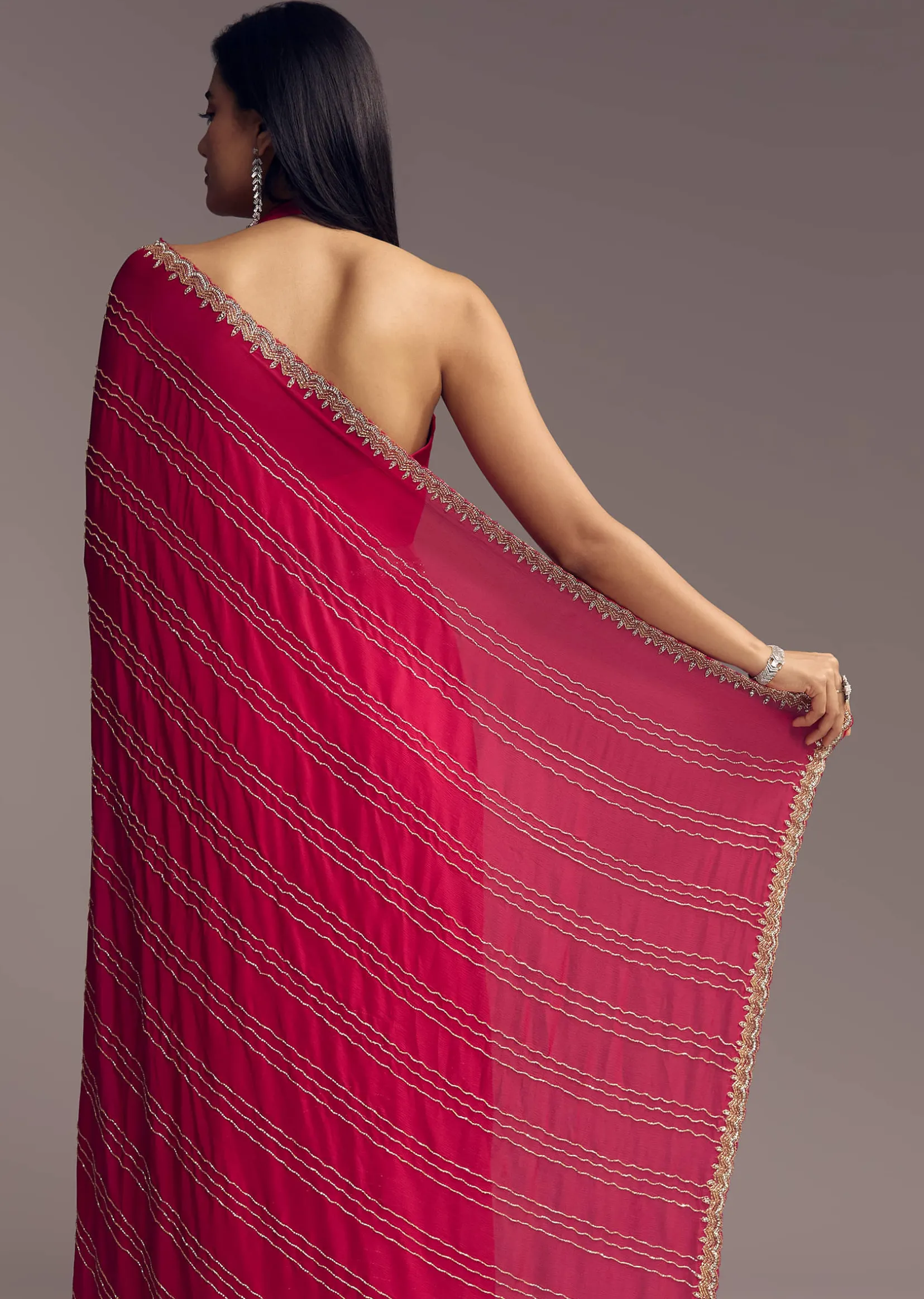 Rani Pink Embroidered Chinon Saree With Cut Dana
