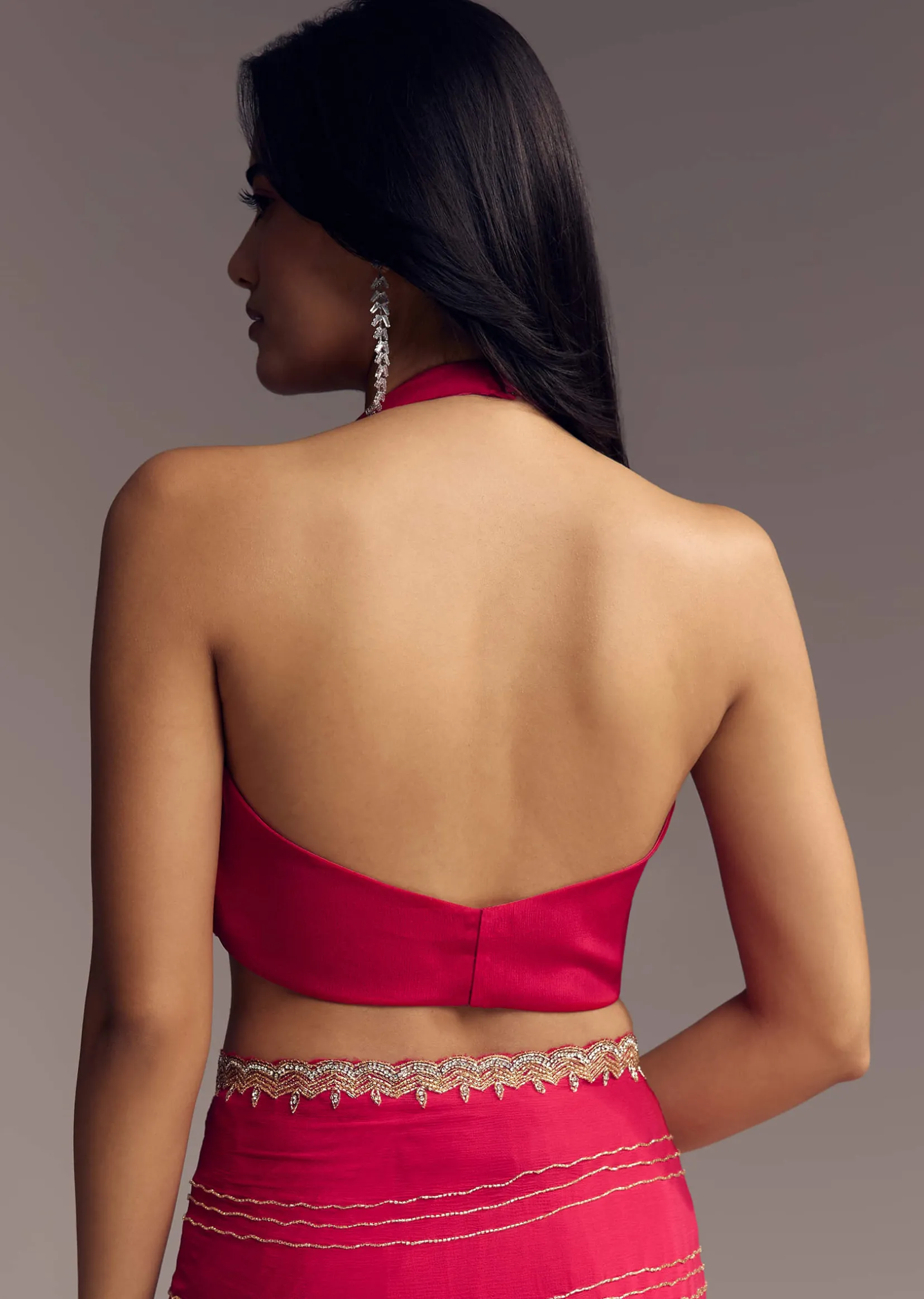 Rani Pink Embroidered Chinon Saree With Cut Dana