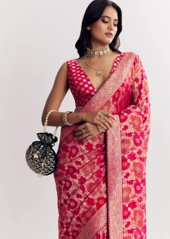 Rani Pink Georgette Saree With Zari Jaal Work