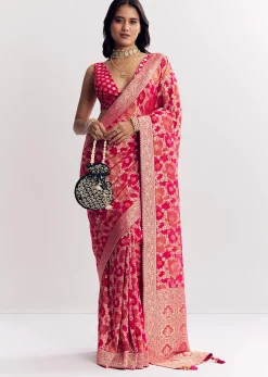 Rani Pink Georgette Saree With Zari Jaal Work