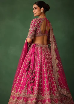 Rani Pink Hand Embroidered Lehenga With Blouse And Dupatta