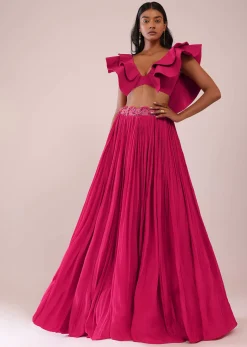 Rani Pink Hand Worked Lehenga And Blouse In Crepe With Embroidered Belt