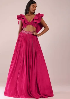 Rani Pink Hand Worked Lehenga And Blouse In Crepe With Embroidered Belt