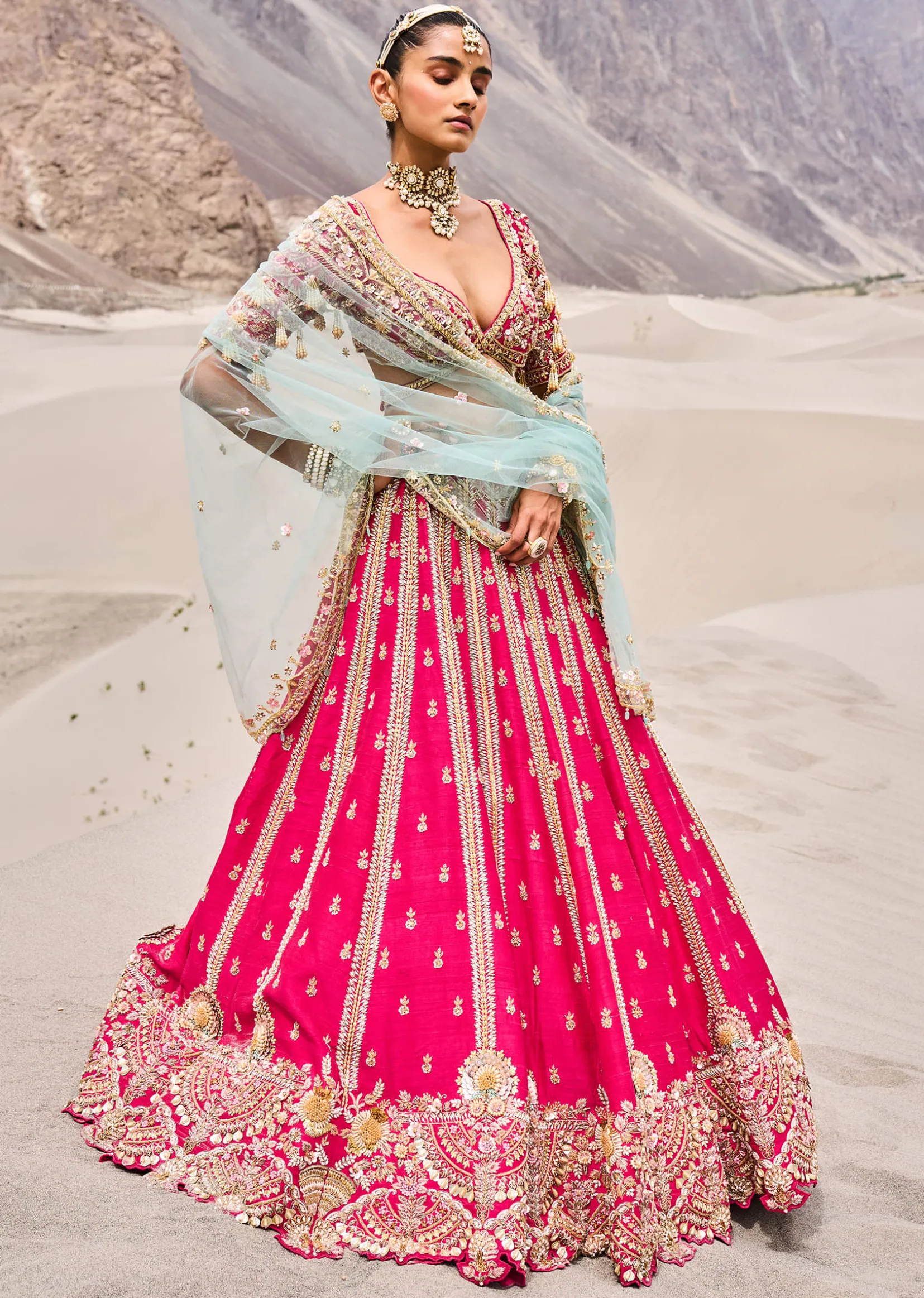 Rani Pink Heavy Embroidered Bridal Lehenga With Two Dupattas