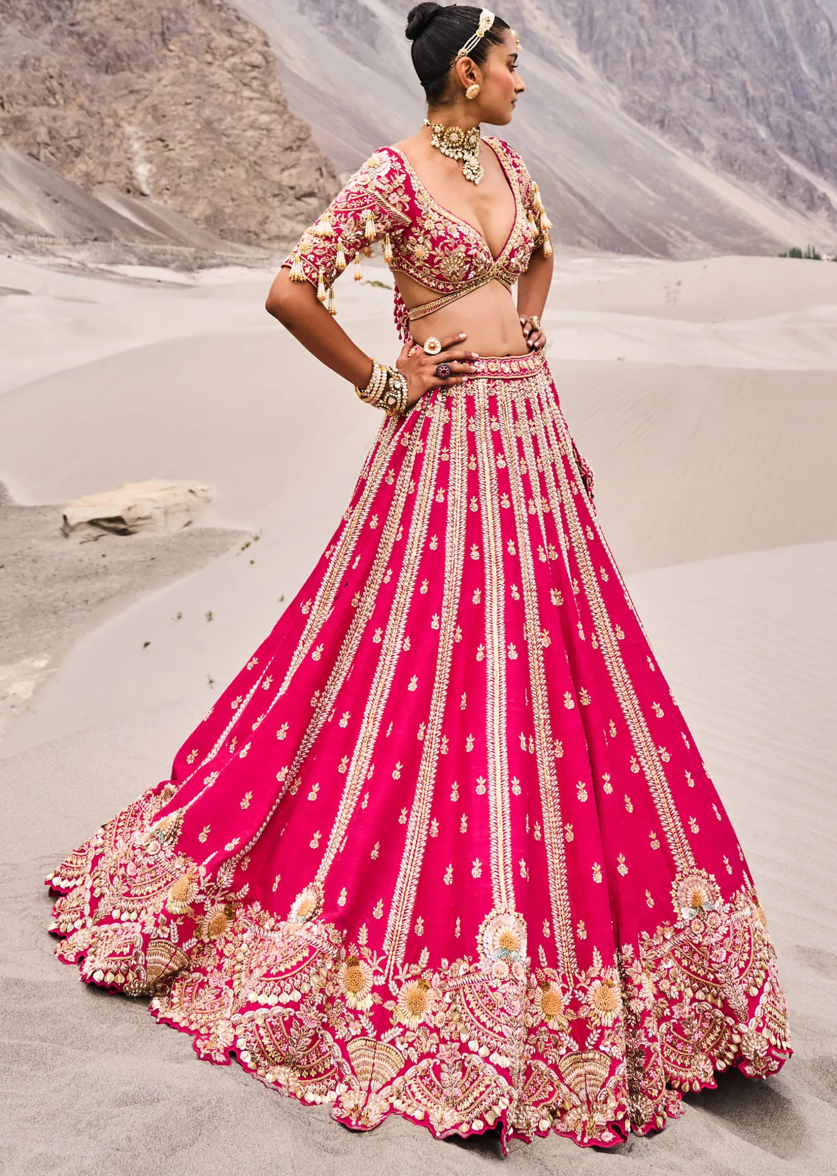Rani Pink Heavy Embroidered Bridal Lehenga With Two Dupattas