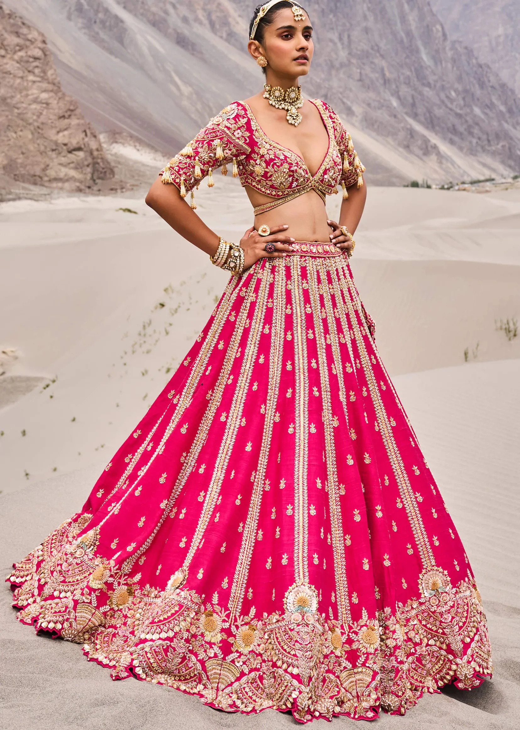 Rani Pink Heavy Embroidered Bridal Lehenga With Two Dupattas