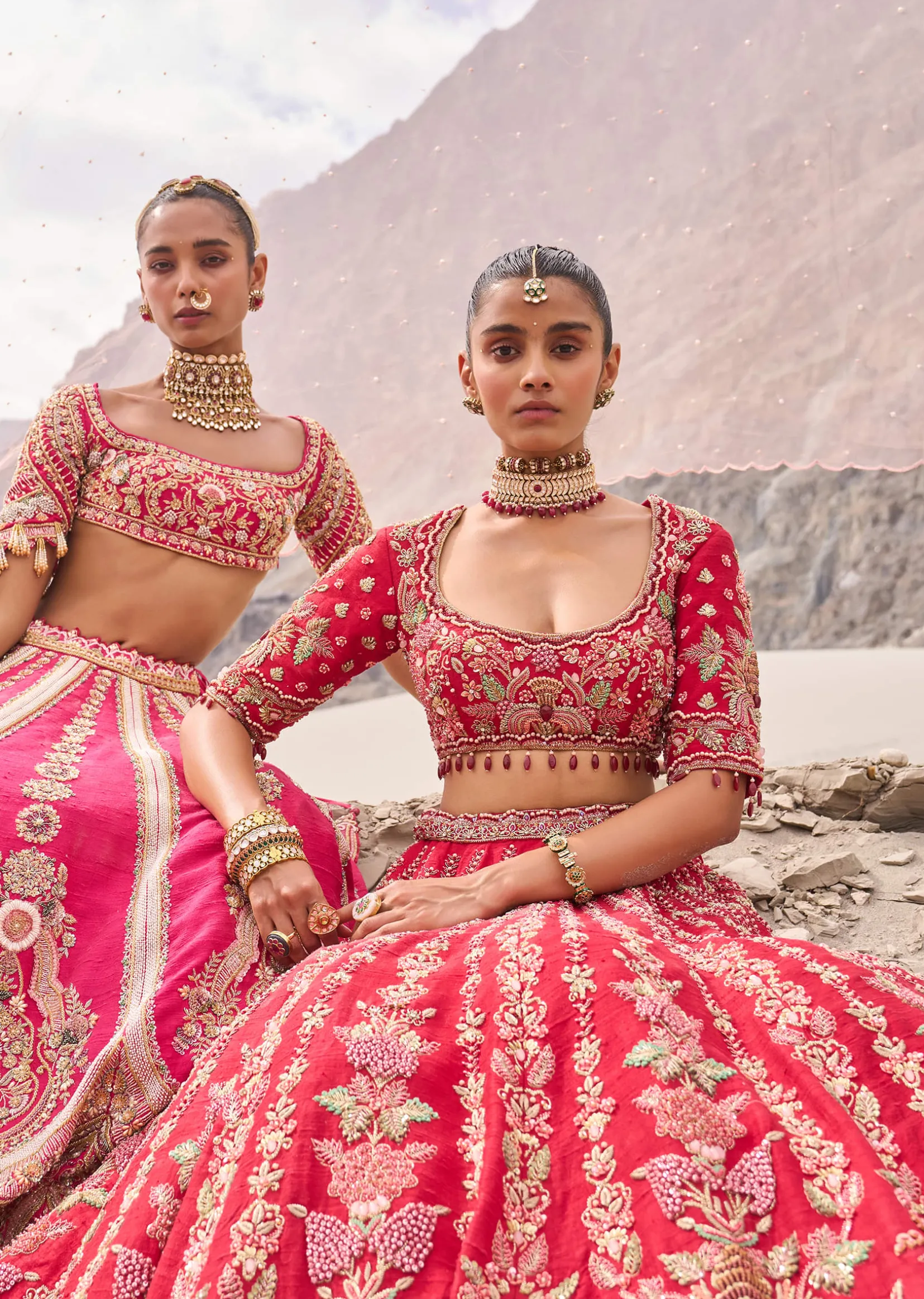 Rani Pink Heavy Embroidered Bridal Lehenga With Two Dupattas