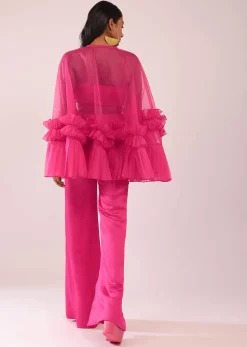 Rani Pink In Organza Frill Jacket & Pant Set With Bustier