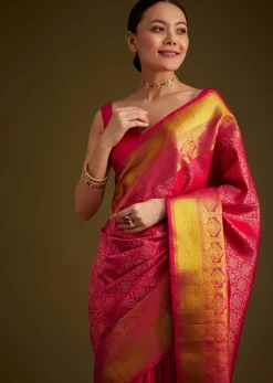 Rani Pink Kanjivaram Silk Saree With Golden Zari Border