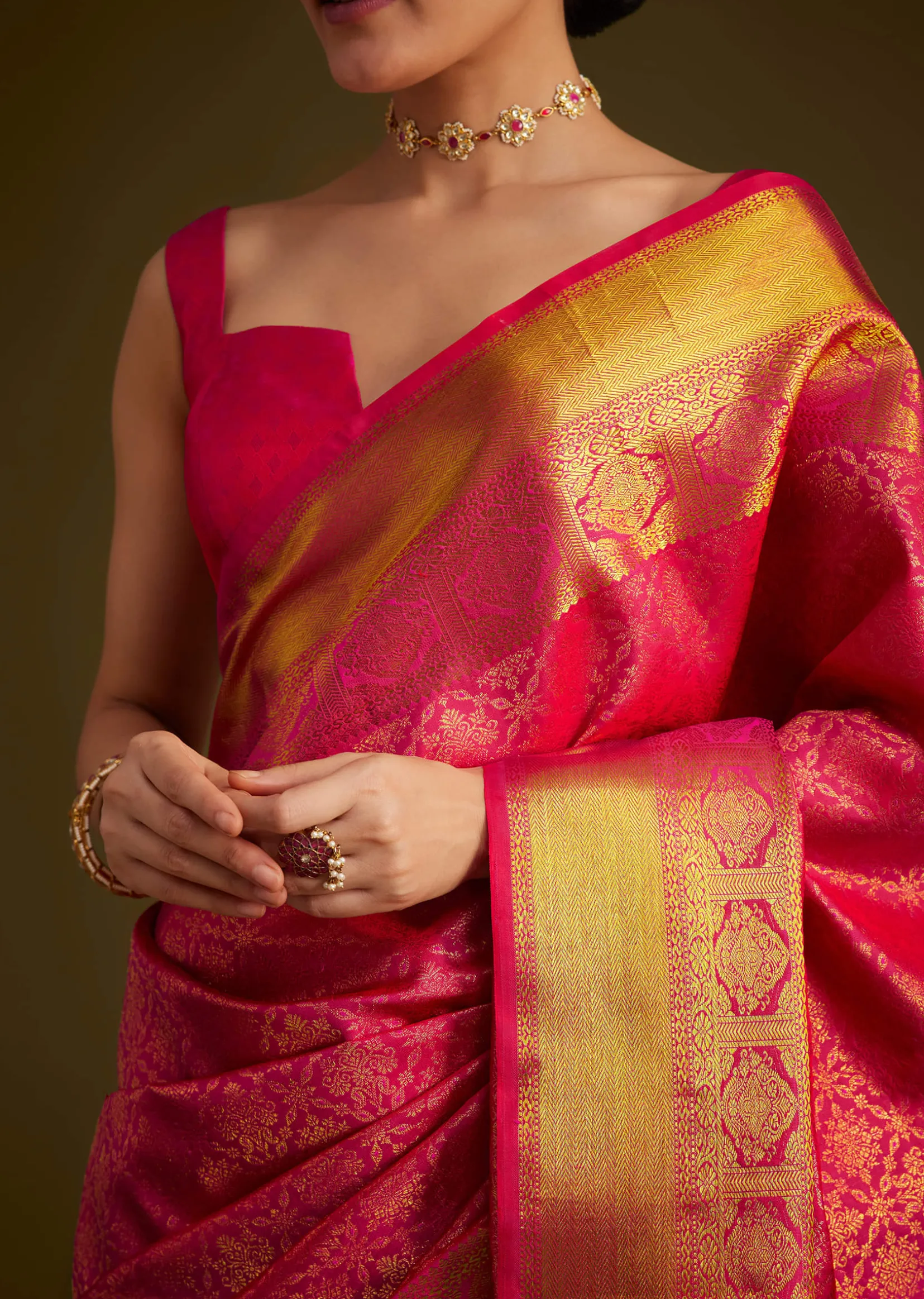Rani Pink Kanjivaram Silk Saree With Golden Zari Border