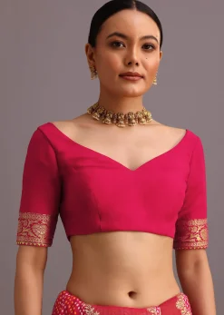 Rani Pink Khaddi Georgette Woven Saree With Gotta Patti Border