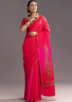 Rani Pink Kora Silk Handloom Saree With Woven Motif