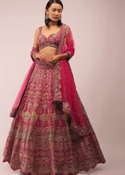 Rani Pink Lehenga In Golden Zari Work Embroidery Inspired By Mughal Architecture With Matching Net Dupatta In Embroidered Buttis