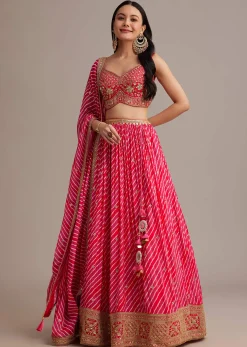 Rani Pink Leheriya Lehenga Set With Zardosi And Sequins Work