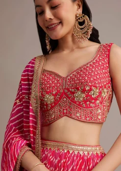 Rani Pink Leheriya Lehenga Set With Zardosi And Sequins Work